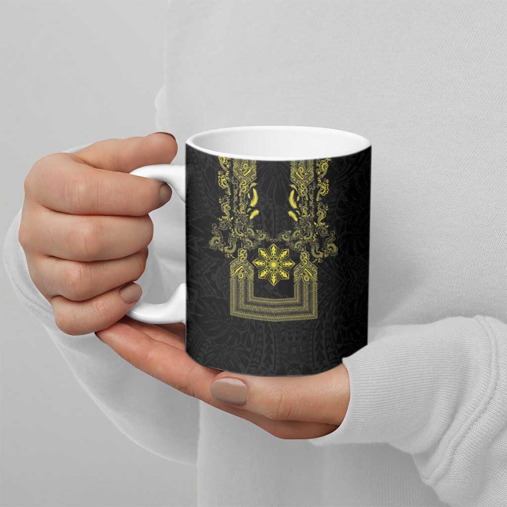 Philippines Barong Style Ceramic Mug with Polynesian Art and Leaf Motif Black-Gold Color