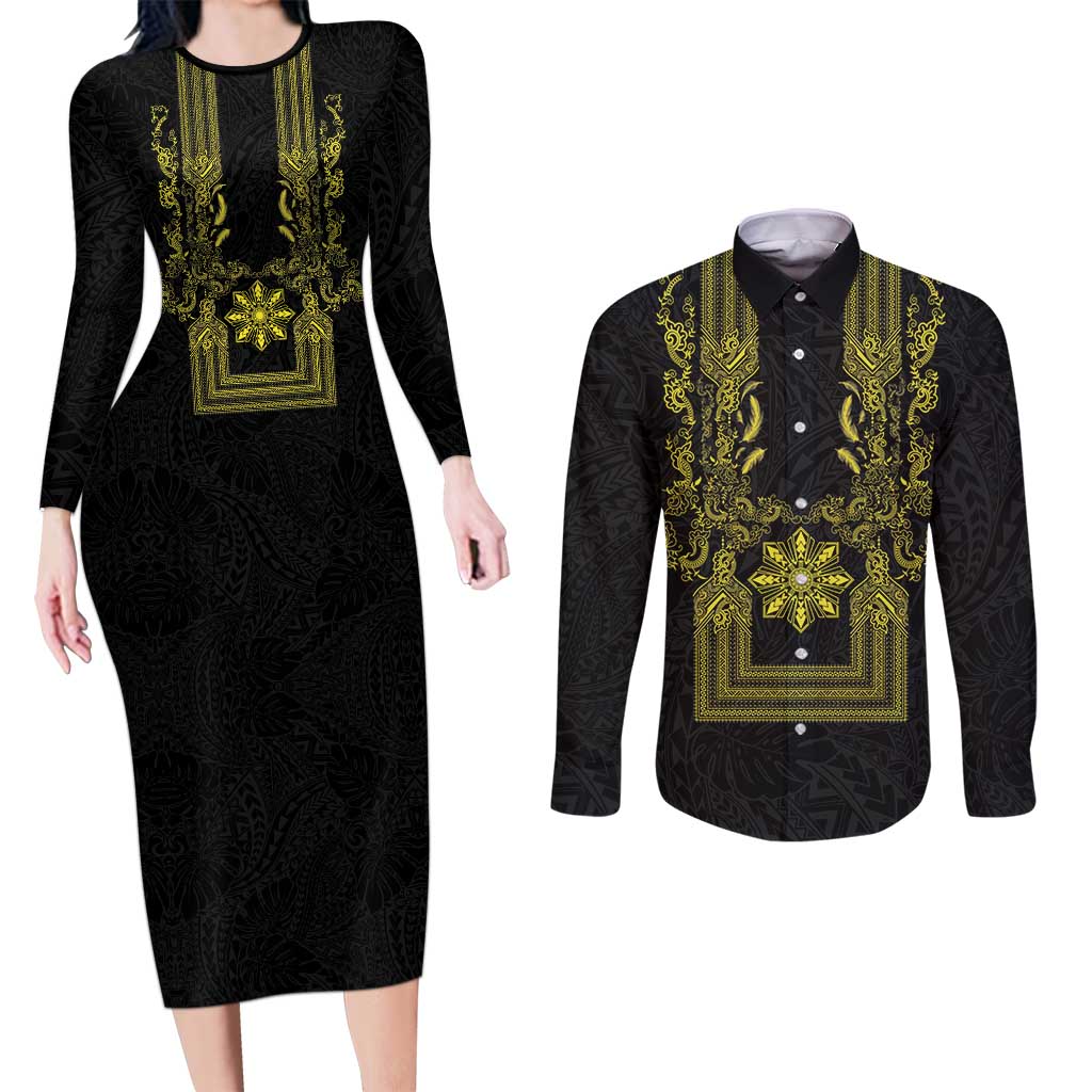 Philippines Barong Style Couples Matching Long Sleeve Bodycon Dress and Long Sleeve Button Shirt with Polynesian Art and Leaf Motif Black-Gold Color