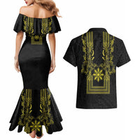 Philippines Barong Style Couples Matching Mermaid Dress and Hawaiian Shirt with Polynesian Art and Leaf Motif Black-Gold Color LT03 - Polynesian Pride