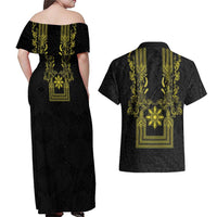 Philippines Barong Style Couples Matching Off Shoulder Maxi Dress and Hawaiian Shirt with Polynesian Art and Leaf Motif Black-Gold Color LT03 - Polynesian Pride