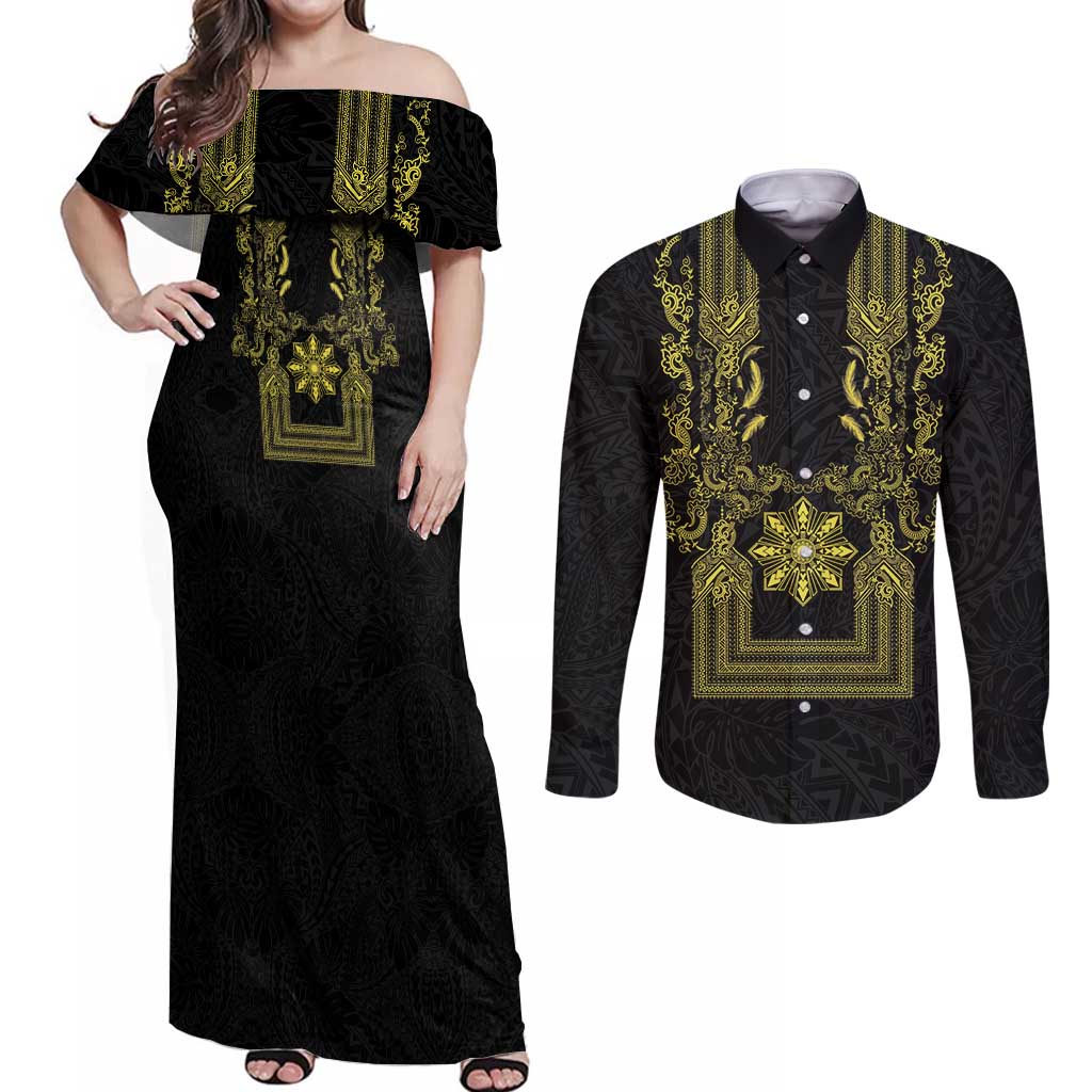 Philippines Barong Style Couples Matching Off Shoulder Maxi Dress and Long Sleeve Button Shirt with Polynesian Art and Leaf Motif Black-Gold Color