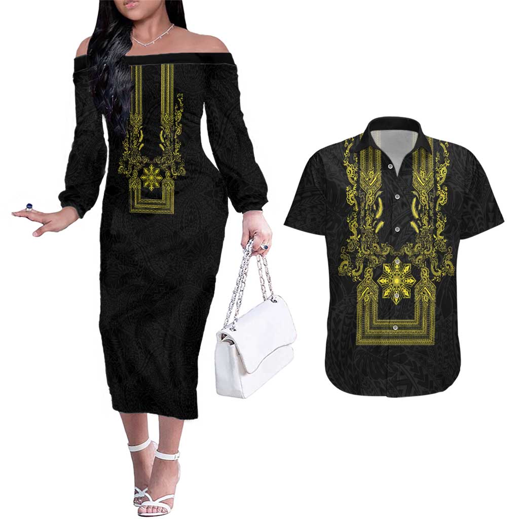 Philippines Barong Style Couples Matching Off The Shoulder Long Sleeve Dress and Hawaiian Shirt with Polynesian Art and Leaf Motif Black-Gold Color