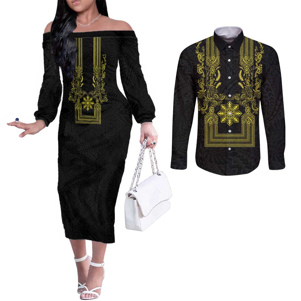 Philippines Barong Style Couples Matching Off The Shoulder Long Sleeve Dress and Long Sleeve Button Shirt with Polynesian Art and Leaf Motif Black-Gold Color