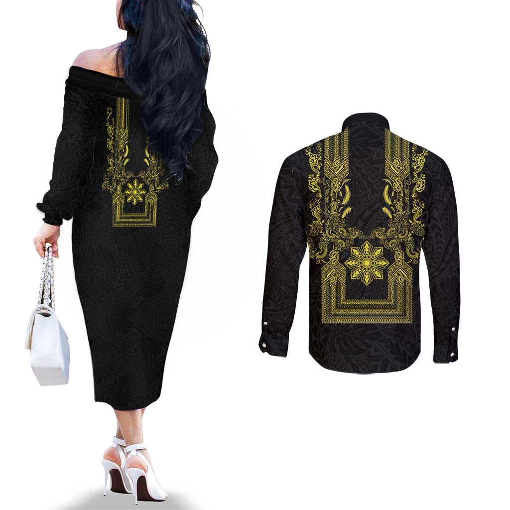 Philippines Barong Style Couples Matching Off The Shoulder Long Sleeve Dress and Long Sleeve Button Shirt with Polynesian Art and Leaf Motif Black-Gold Color LT03 - Polynesian Pride