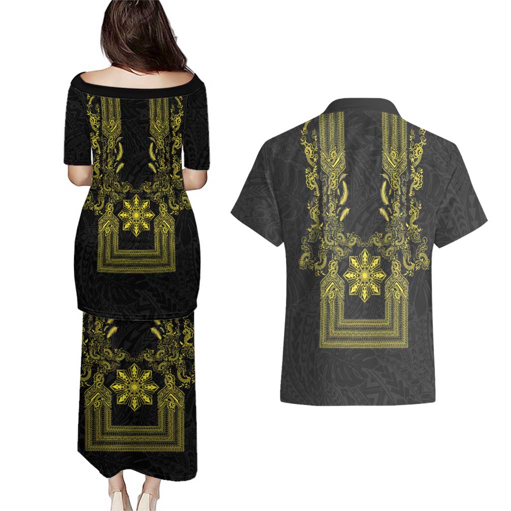 Philippines Barong Style Couples Matching Puletasi and Hawaiian Shirt with Polynesian Art and Leaf Motif Black-Gold Color