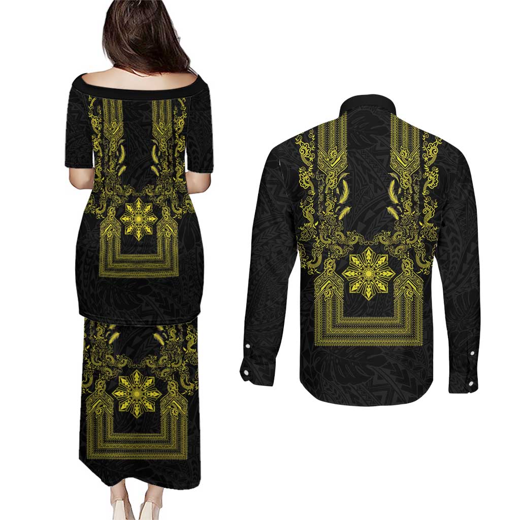 Philippines Barong Style Couples Matching Puletasi and Long Sleeve Button Shirt with Polynesian Art and Leaf Motif Black-Gold Color