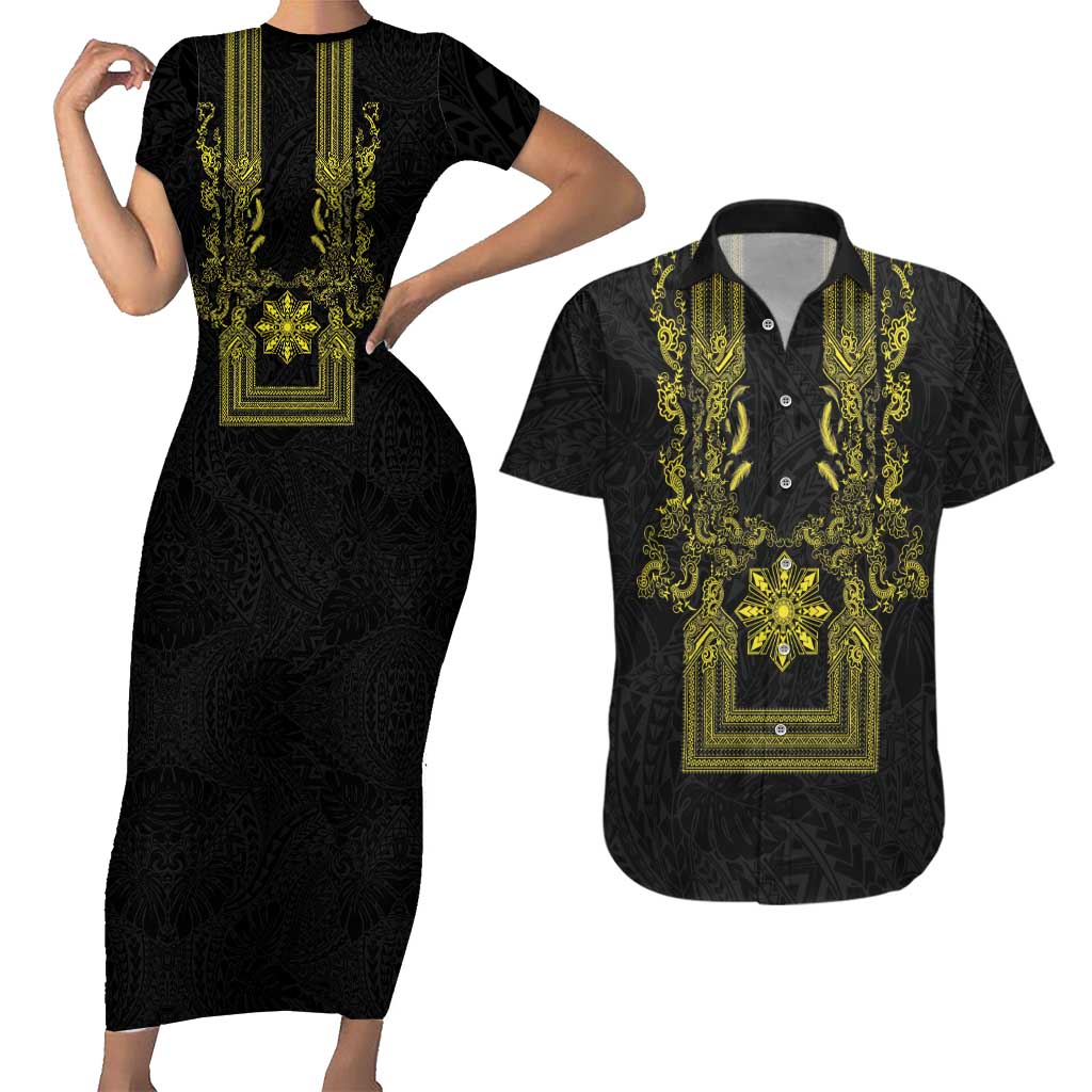 Philippines Barong Style Couples Matching Short Sleeve Bodycon Dress and Hawaiian Shirt with Polynesian Art and Leaf Motif Black-Gold Color LT03 Black - Polynesian Pride