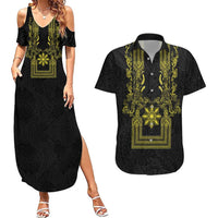 Philippines Barong Style Couples Matching Summer Maxi Dress and Hawaiian Shirt with Polynesian Art and Leaf Motif Black-Gold Color LT03 Black - Polynesian Pride