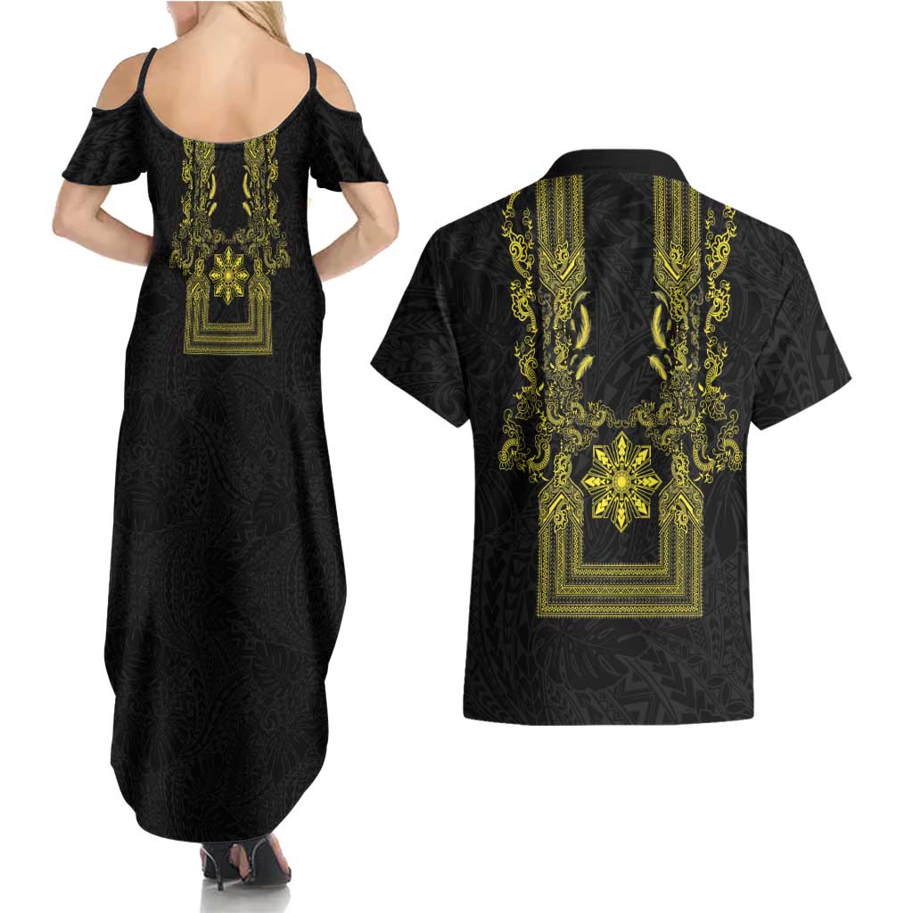 Philippines Barong Style Couples Matching Summer Maxi Dress and Hawaiian Shirt with Polynesian Art and Leaf Motif Black-Gold Color LT03 - Polynesian Pride
