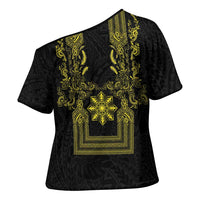Philippines Barong Style Cross Shoulder Shirt with Polynesian Art and Leaf Motif Black-Gold Color