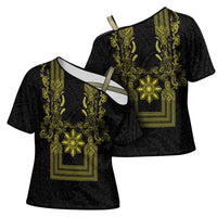 Philippines Barong Style Cross Shoulder Shirt with Polynesian Art and Leaf Motif Black-Gold Color