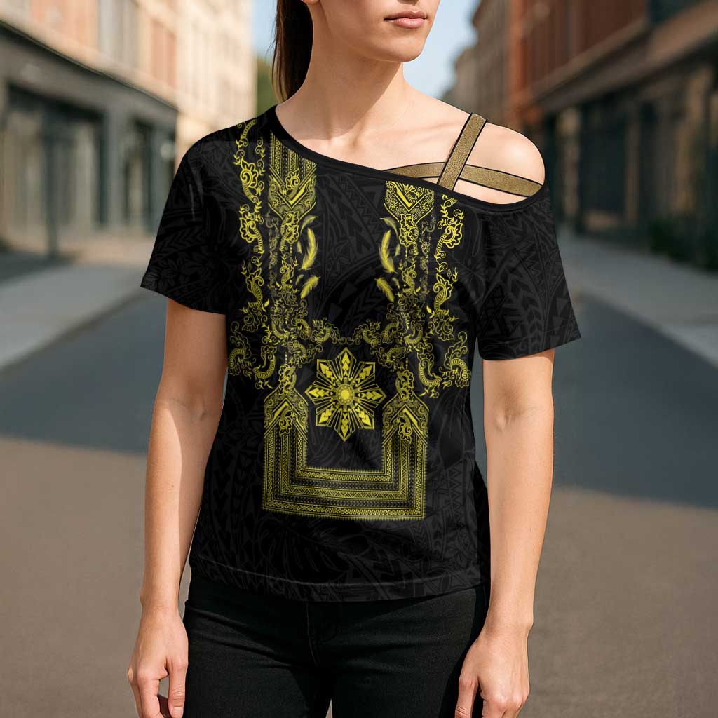 Philippines Barong Style Cross Shoulder Shirt with Polynesian Art and Leaf Motif Black-Gold Color
