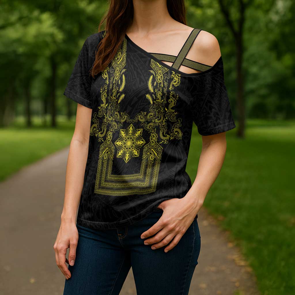 Philippines Barong Style Cross Shoulder Shirt with Polynesian Art and Leaf Motif Black-Gold Color