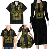 Philippines Barong Style Family Matching Long Sleeve Bodycon Dress and Hawaiian Shirt with Polynesian Art and Leaf Motif Black-Gold Color LT03 - Polynesian Pride