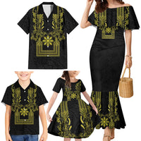 Philippines Barong Style Family Matching Mermaid Dress and Hawaiian Shirt with Polynesian Art and Leaf Motif Black-Gold Color LT03 - Polynesian Pride