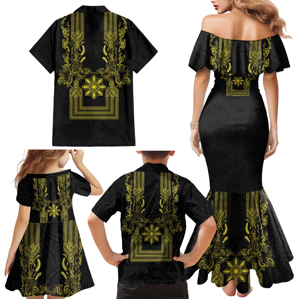 Philippines Barong Style Family Matching Mermaid Dress and Hawaiian Shirt with Polynesian Art and Leaf Motif Black-Gold Color LT03 - Polynesian Pride