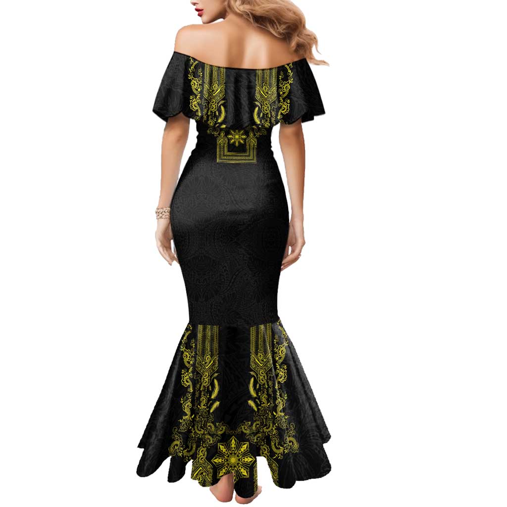 Philippines Barong Style Family Matching Mermaid Dress and Hawaiian Shirt with Polynesian Art and Leaf Motif Black-Gold Color LT03 - Polynesian Pride