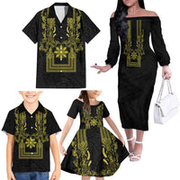 Philippines Barong Style Family Matching Off The Shoulder Long Sleeve Dress and Hawaiian Shirt with Polynesian Art and Leaf Motif Black-Gold Color LT03 - Polynesian Pride