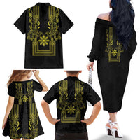 Philippines Barong Style Family Matching Off The Shoulder Long Sleeve Dress and Hawaiian Shirt with Polynesian Art and Leaf Motif Black-Gold Color LT03 - Polynesian Pride