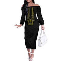 Philippines Barong Style Family Matching Off The Shoulder Long Sleeve Dress and Hawaiian Shirt with Polynesian Art and Leaf Motif Black-Gold Color LT03 Mom's Dress Black - Polynesian Pride