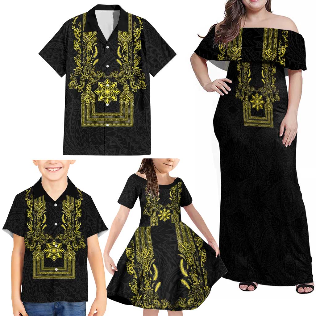 Philippines Barong Style Family Matching Off Shoulder Maxi Dress and Hawaiian Shirt with Polynesian Art and Leaf Motif Black-Gold Color LT03 - Polynesian Pride