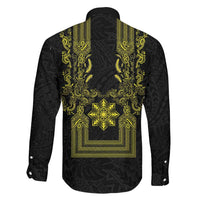 Philippines Barong Style Family Matching Off Shoulder Maxi Dress and Hawaiian Shirt with Polynesian Art and Leaf Motif Black-Gold Color LT03 - Polynesian Pride