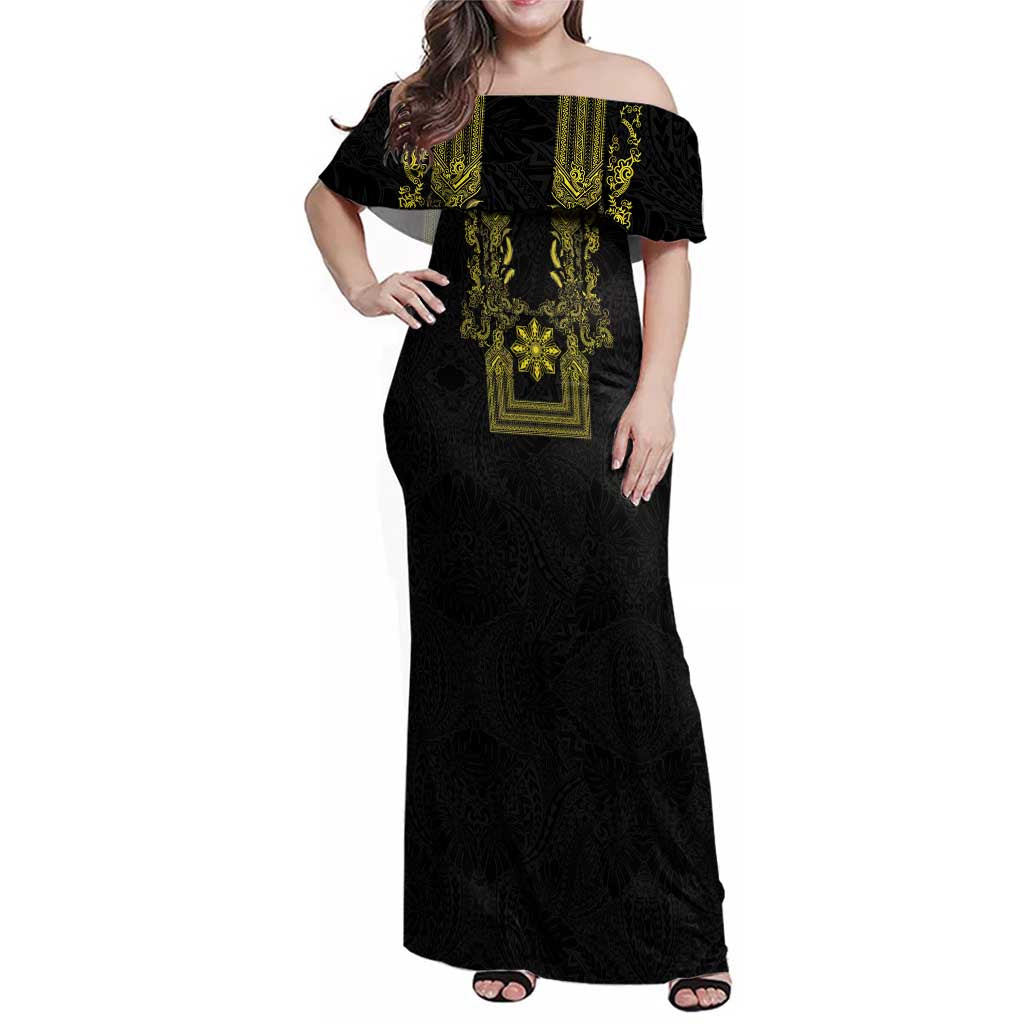 Philippines Barong Style Family Matching Off Shoulder Maxi Dress and Hawaiian Shirt with Polynesian Art and Leaf Motif Black-Gold Color LT03 Mom's Dress Black - Polynesian Pride