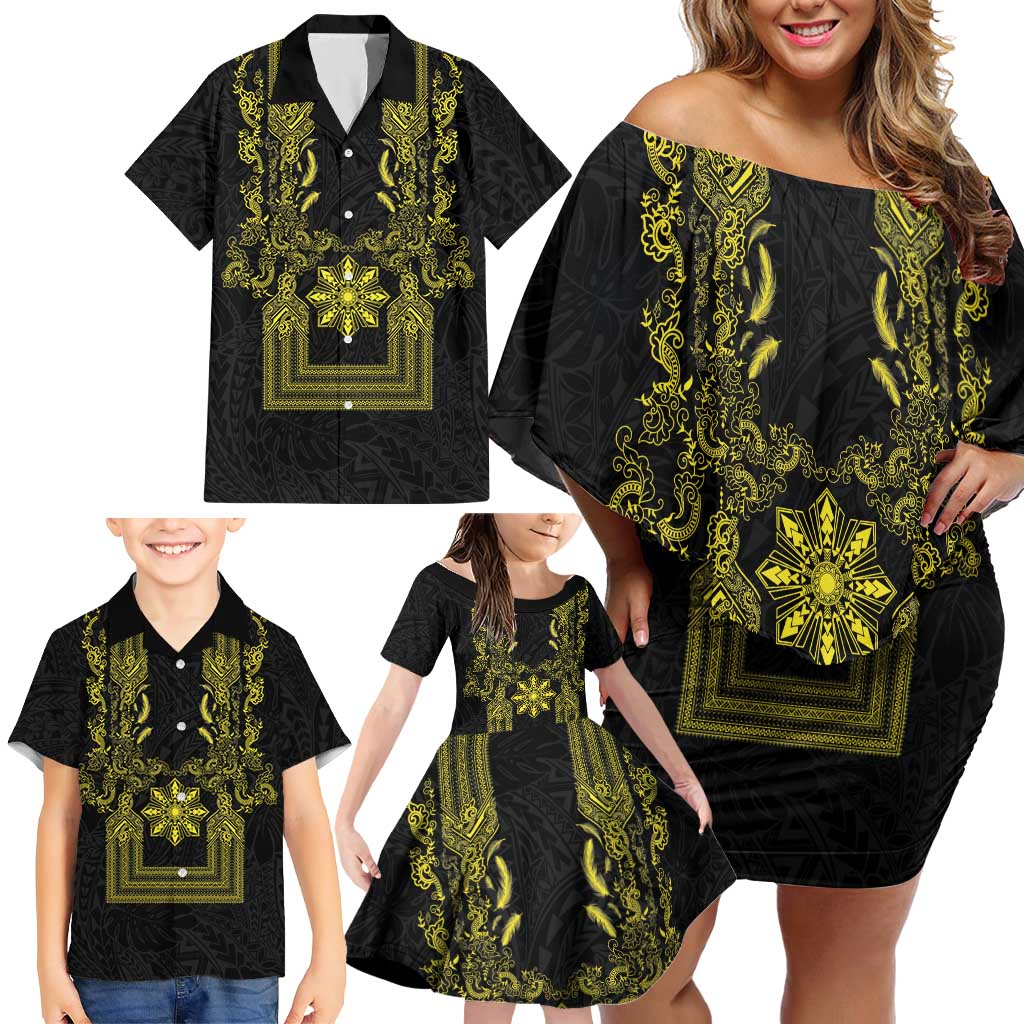 Philippines Barong Style Family Matching Off Shoulder Short Dress and Hawaiian Shirt with Polynesian Art and Leaf Motif Black-Gold Color