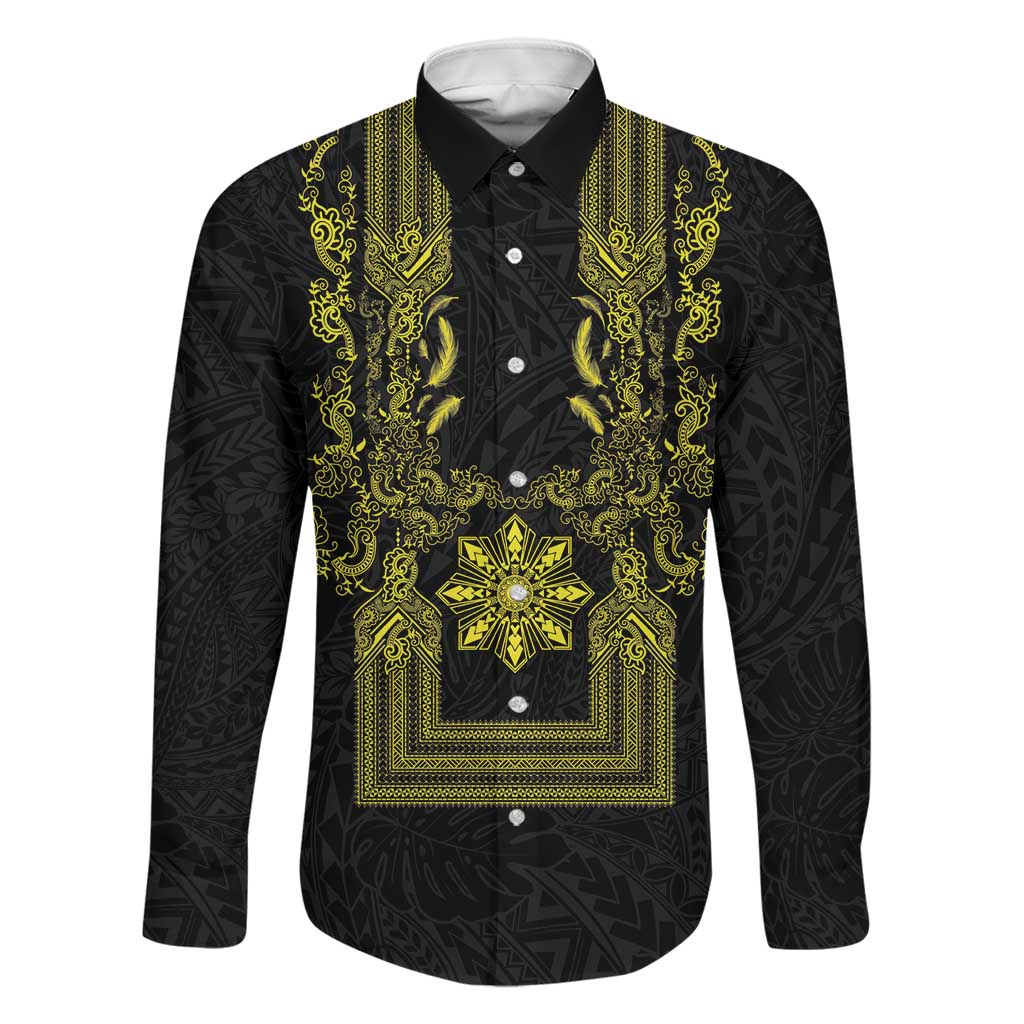 Philippines Barong Style Family Matching Off Shoulder Short Dress and Hawaiian Shirt with Polynesian Art and Leaf Motif Black-Gold Color LT03 Dad's Shirt - Long Sleeve Black - Polynesian Pride