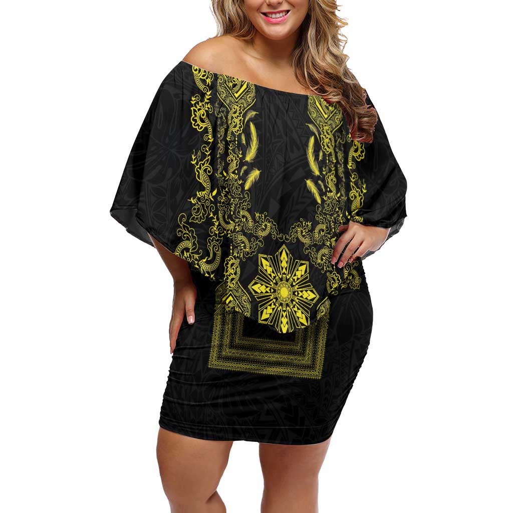 Philippines Barong Style Family Matching Off Shoulder Short Dress and Hawaiian Shirt with Polynesian Art and Leaf Motif Black-Gold Color LT03 Mom's Dress Black - Polynesian Pride