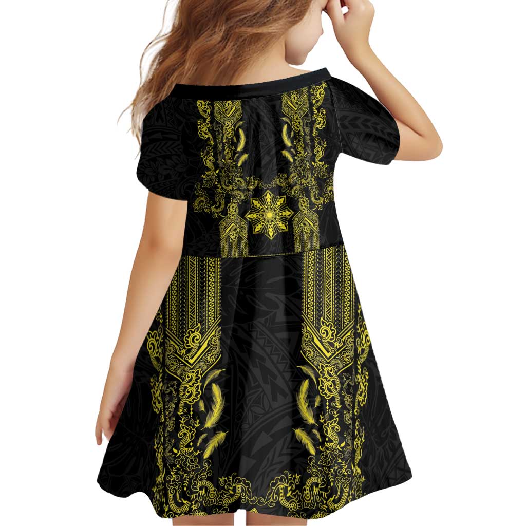 Philippines Barong Style Family Matching Puletasi and Hawaiian Shirt with Polynesian Art and Leaf Motif Black-Gold Color LT03 - Polynesian Pride