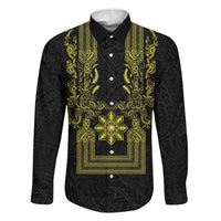 Philippines Barong Style Family Matching Puletasi and Hawaiian Shirt with Polynesian Art and Leaf Motif Black-Gold Color LT03 Dad's Shirt - Long Sleeve Black - Polynesian Pride