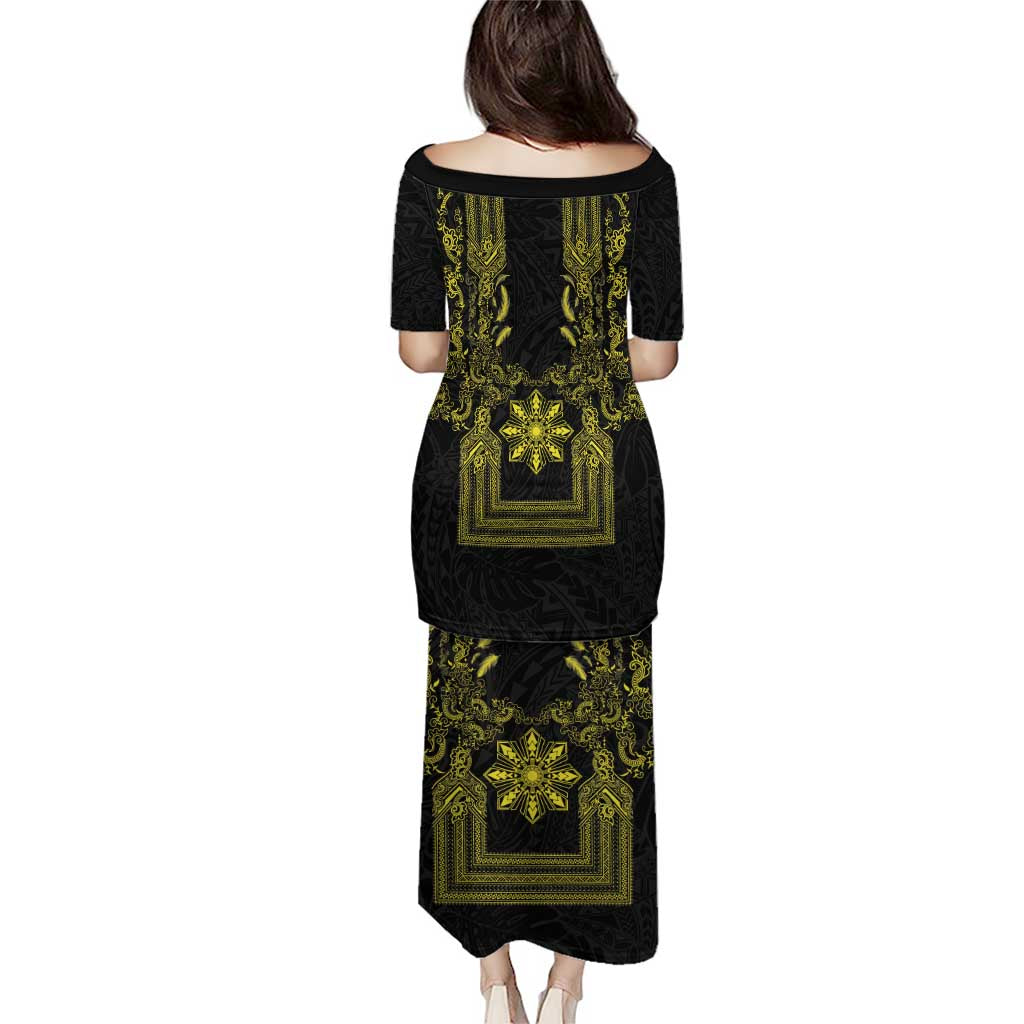 Philippines Barong Style Family Matching Puletasi and Hawaiian Shirt with Polynesian Art and Leaf Motif Black-Gold Color LT03 - Polynesian Pride