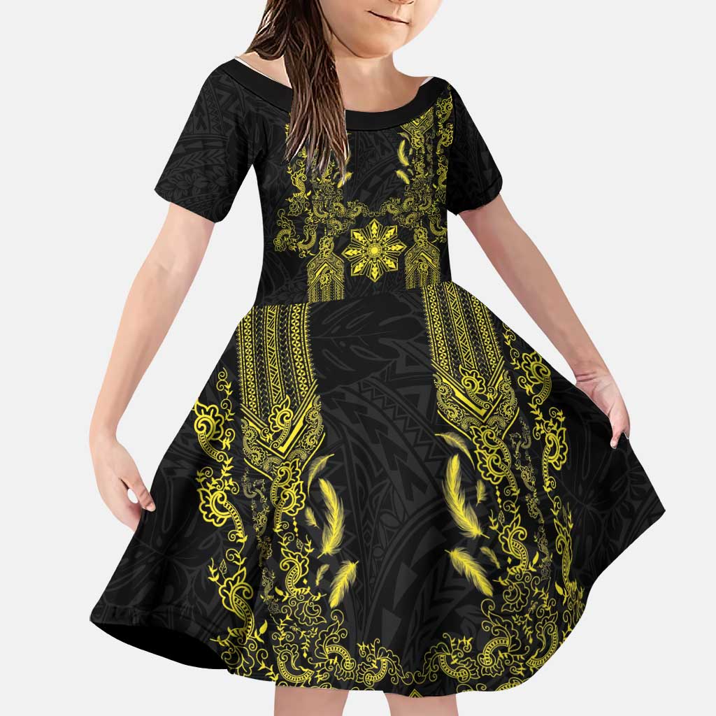 Philippines Barong Style Family Matching Short Sleeve Bodycon Dress and Hawaiian Shirt with Polynesian Art and Leaf Motif Black-Gold Color LT03 Daughter's Dress Black - Polynesian Pride