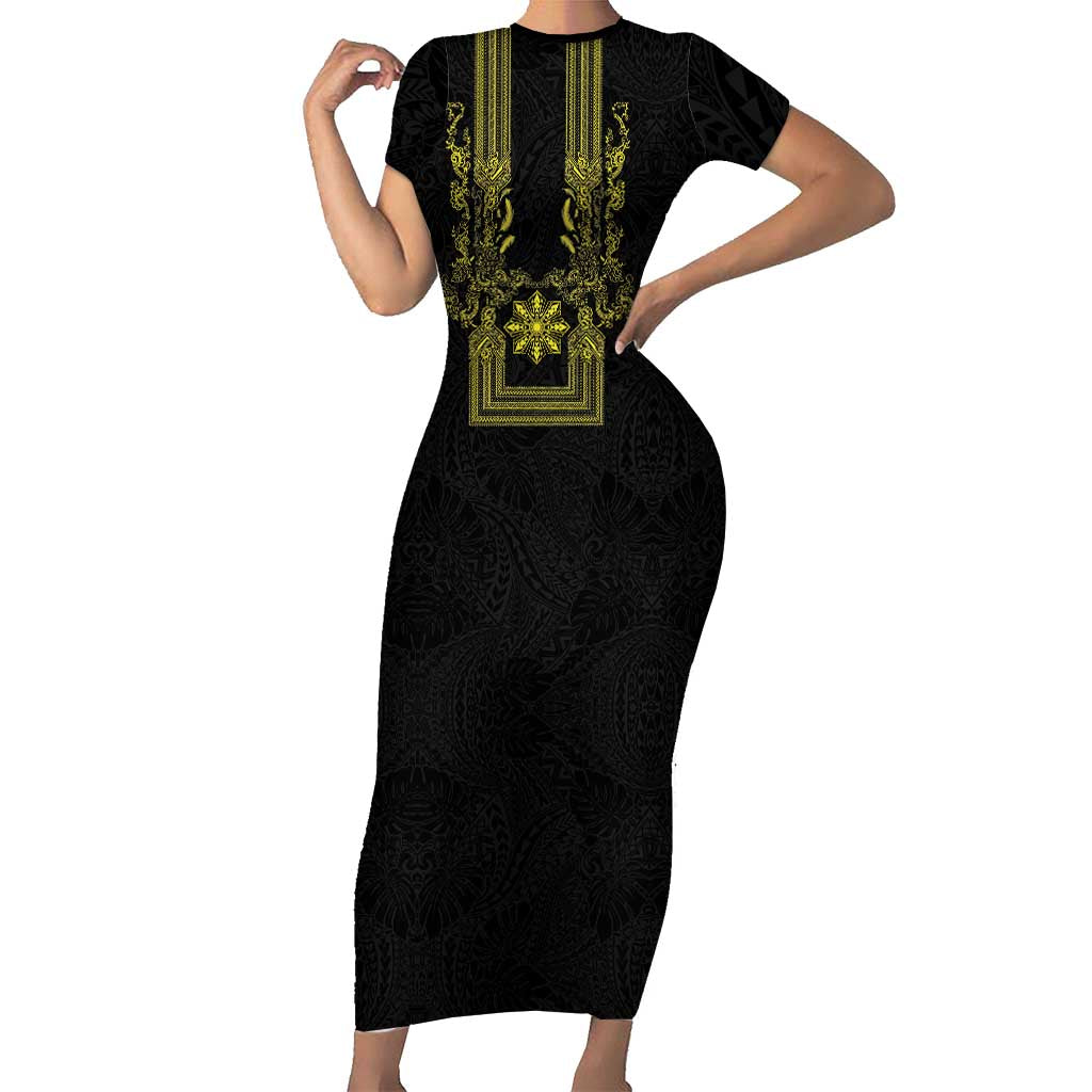 Philippines Barong Style Family Matching Short Sleeve Bodycon Dress and Hawaiian Shirt with Polynesian Art and Leaf Motif Black-Gold Color LT03 Mom's Dress Black - Polynesian Pride