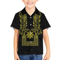 Philippines Barong Style Family Matching Short Sleeve Bodycon Dress and Hawaiian Shirt with Polynesian Art and Leaf Motif Black-Gold Color LT03 Son's Shirt Black - Polynesian Pride