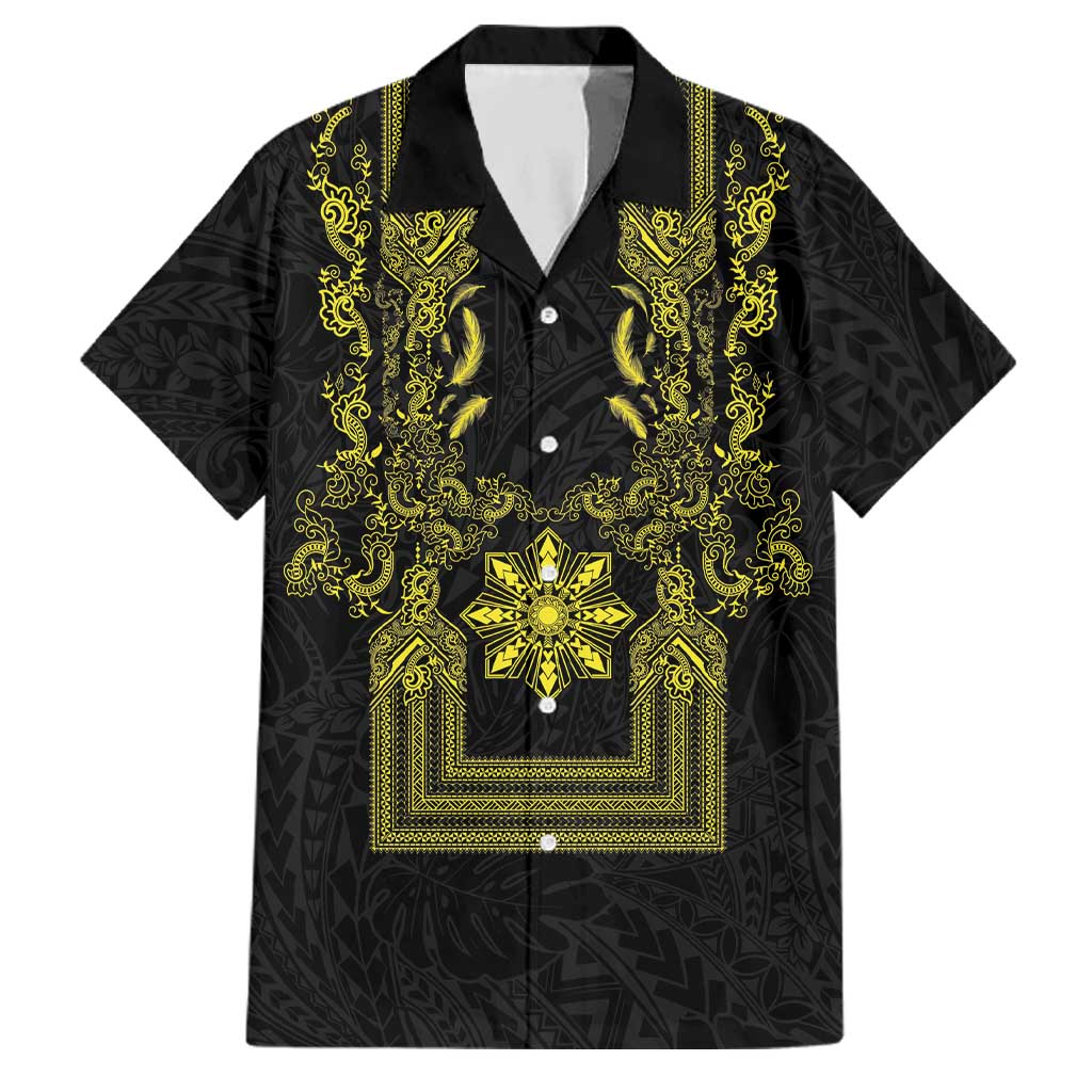 Philippines Barong Style Family Matching Summer Maxi Dress and Hawaiian Shirt with Polynesian Art and Leaf Motif Black-Gold Color LT03 Dad's Shirt - Short Sleeve Black - Polynesian Pride