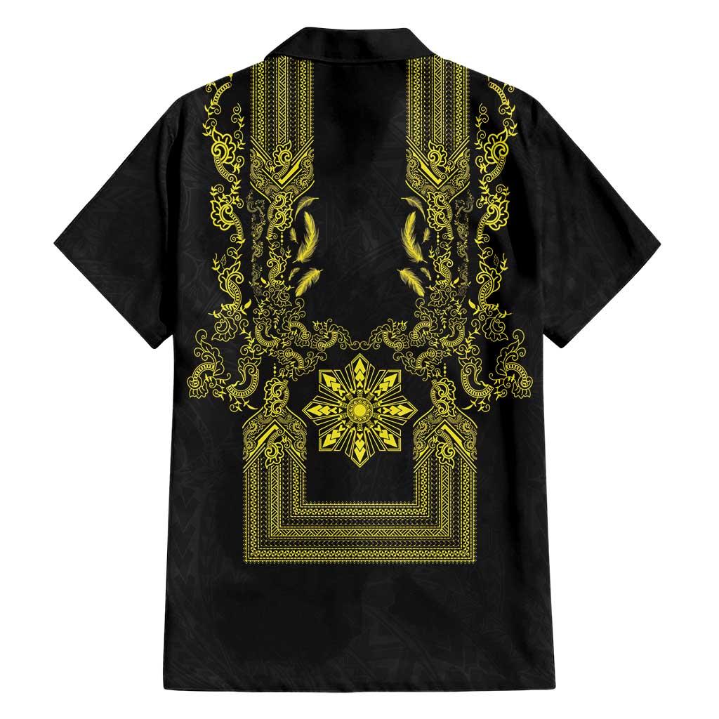 Philippines Barong Style Family Matching Summer Maxi Dress and Hawaiian Shirt with Polynesian Art and Leaf Motif Black-Gold Color LT03 - Polynesian Pride
