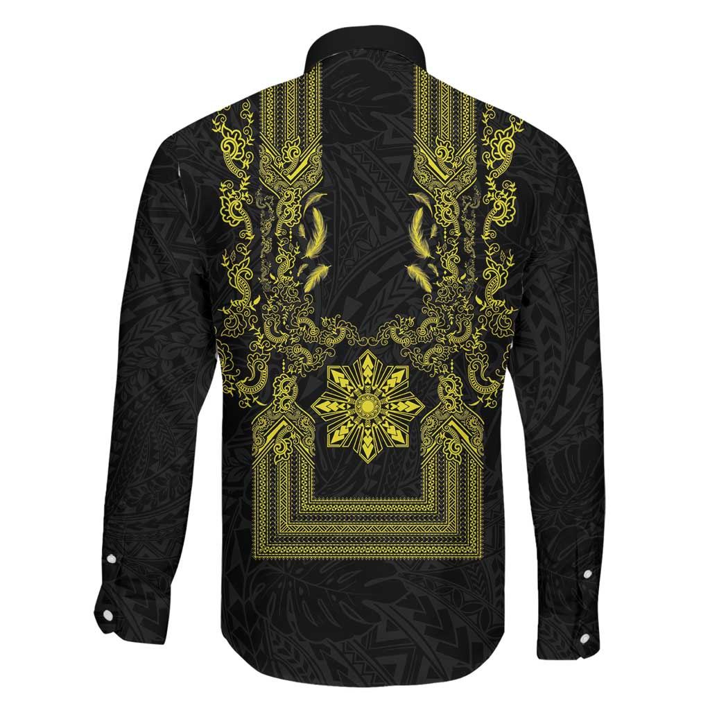 Philippines Barong Style Family Matching Summer Maxi Dress and Hawaiian Shirt with Polynesian Art and Leaf Motif Black-Gold Color LT03 - Polynesian Pride