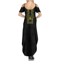 Philippines Barong Style Family Matching Summer Maxi Dress and Hawaiian Shirt with Polynesian Art and Leaf Motif Black-Gold Color LT03 - Polynesian Pride
