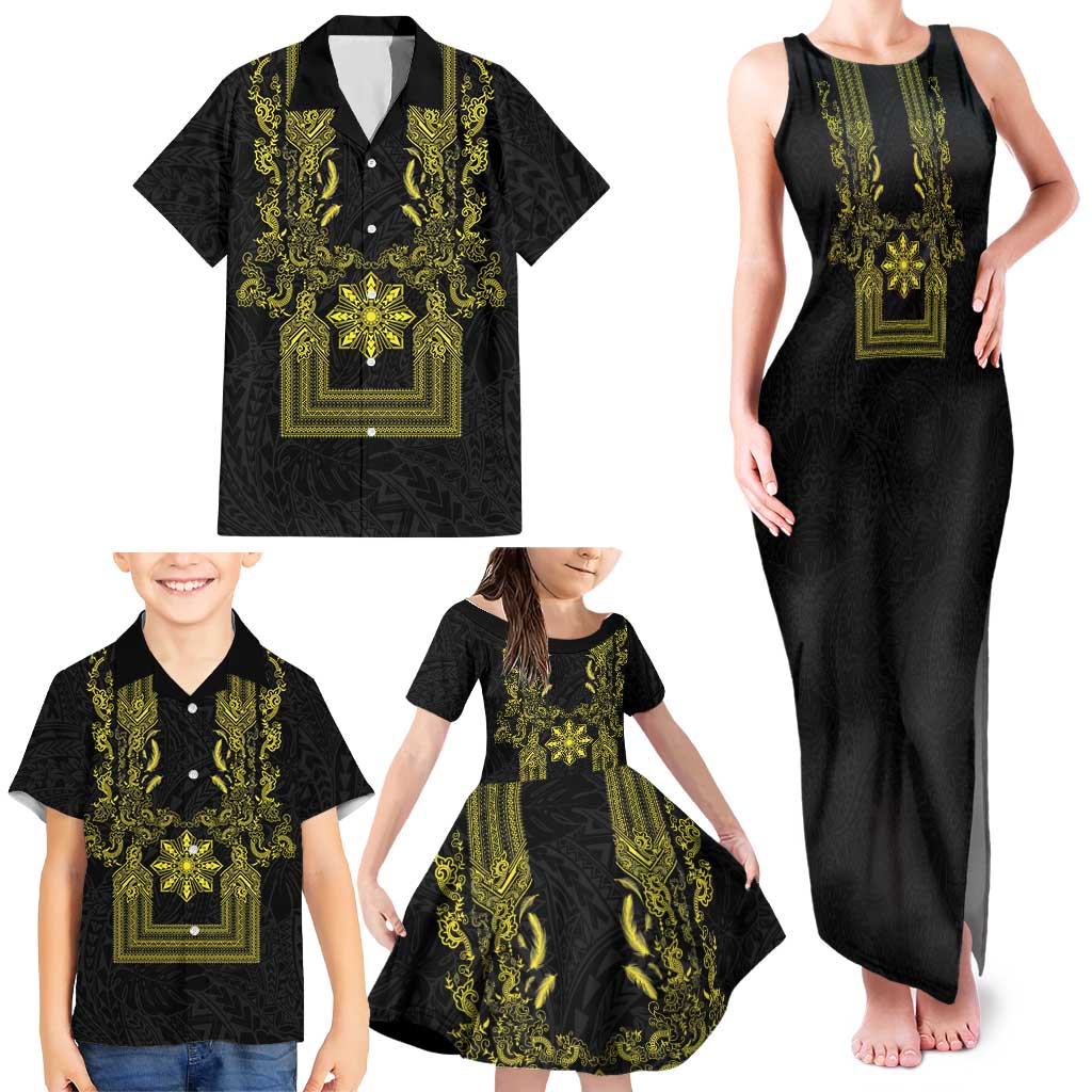 Philippines Barong Style Family Matching Tank Maxi Dress and Hawaiian Shirt with Polynesian Art and Leaf Motif Black-Gold Color LT03 - Polynesian Pride