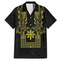 Philippines Barong Style Family Matching Tank Maxi Dress and Hawaiian Shirt with Polynesian Art and Leaf Motif Black-Gold Color LT03 Dad's Shirt - Short Sleeve Black - Polynesian Pride