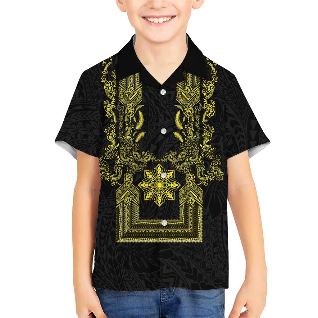 Philippines Barong Style Family Matching Tank Maxi Dress and Hawaiian Shirt with Polynesian Art and Leaf Motif Black-Gold Color LT03 Son's Shirt Black - Polynesian Pride