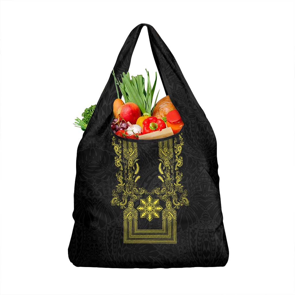 Philippines Barong Style Grocery Bag with Polynesian Art and Leaf Motif Black-Gold Color