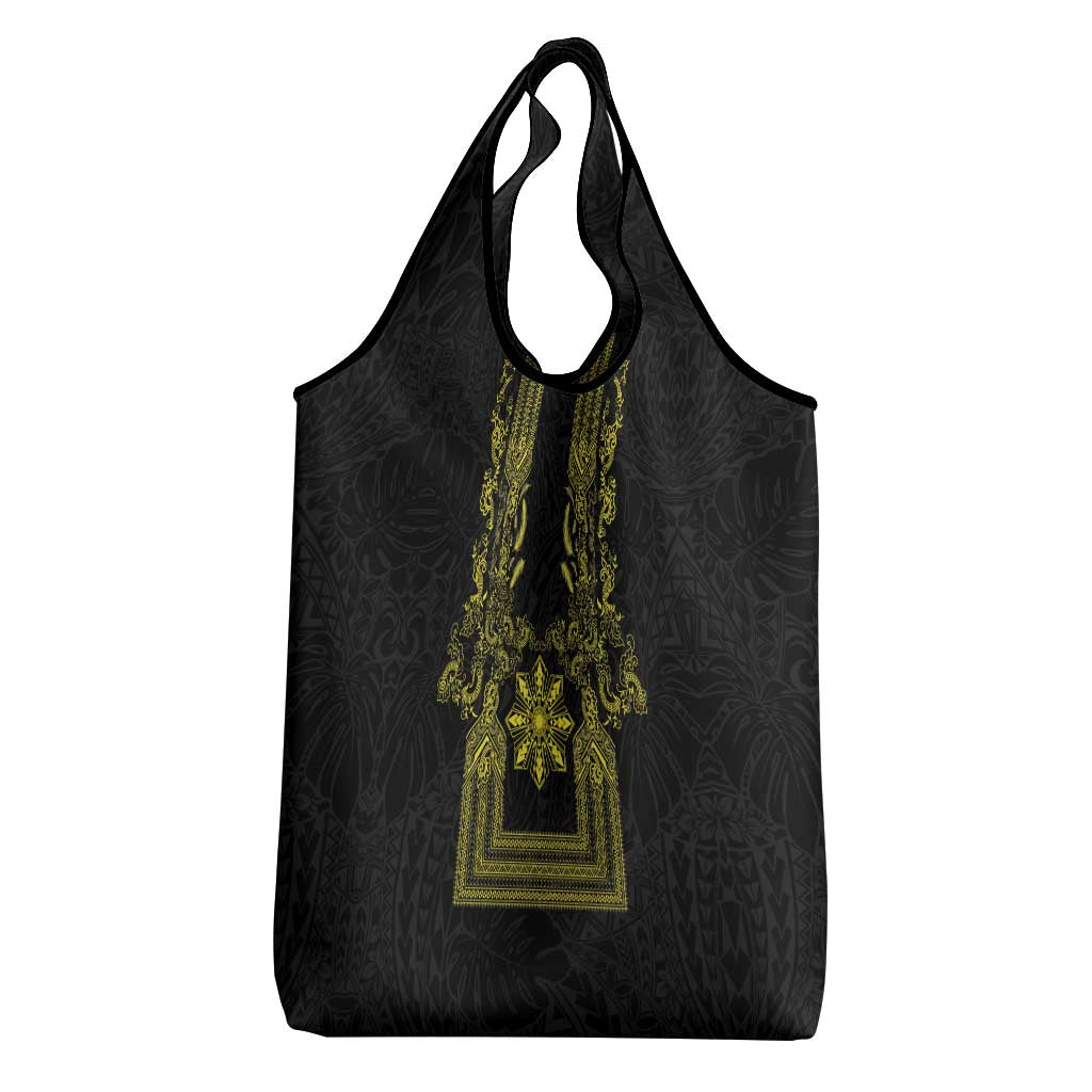 Philippines Barong Style Grocery Bag with Polynesian Art and Leaf Motif Black-Gold Color