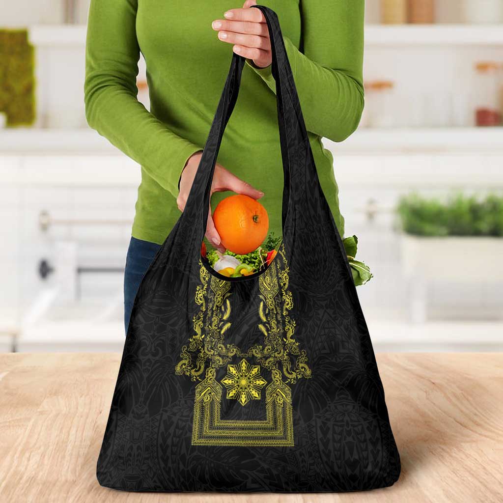 Philippines Barong Style Grocery Bag with Polynesian Art and Leaf Motif Black-Gold Color