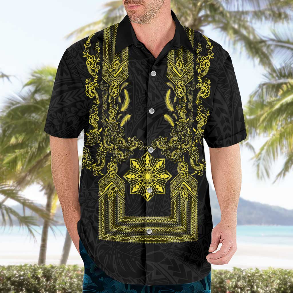Philippines Barong Style Hawaiian Shirt with Polynesian Art and Leaf Motif Black-Gold Color