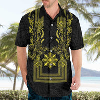 Philippines Barong Style Hawaiian Shirt with Polynesian Art and Leaf Motif Black-Gold Color