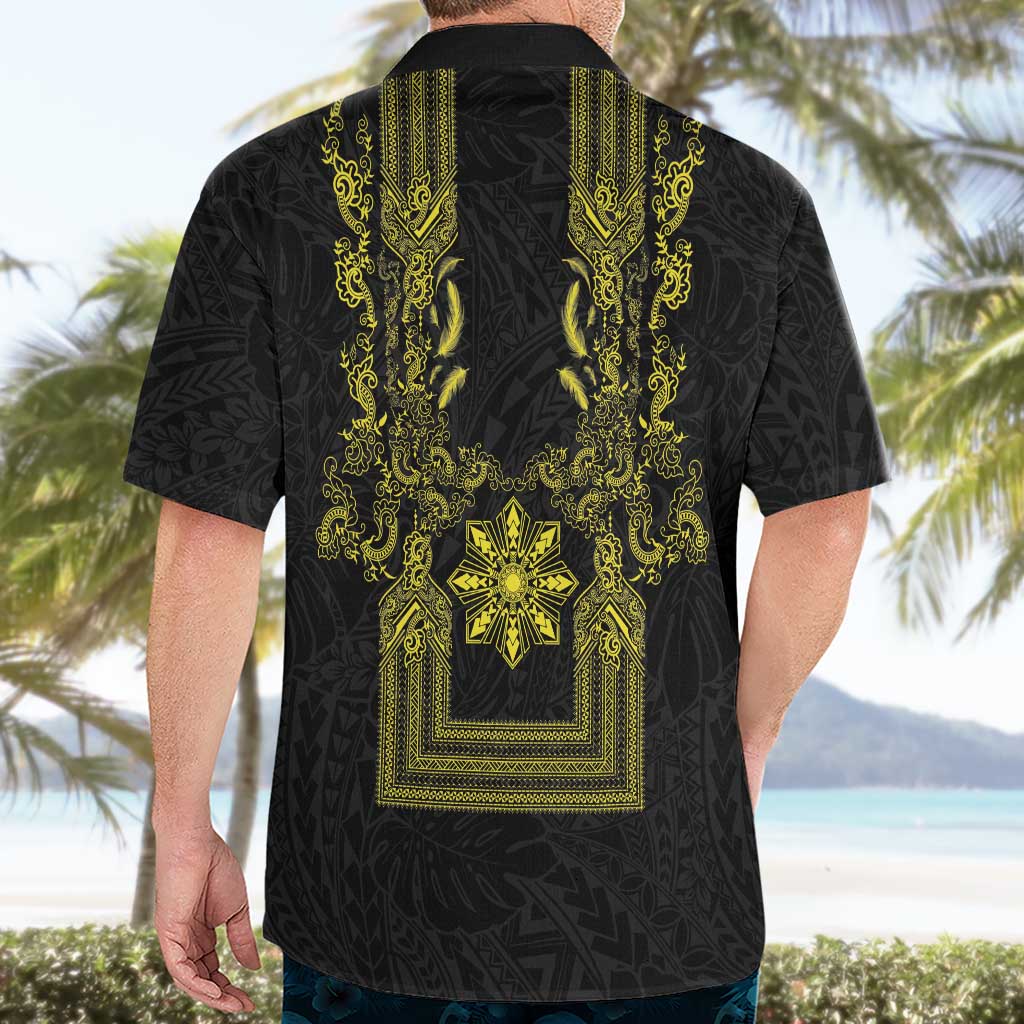 Philippines Barong Style Hawaiian Shirt with Polynesian Art and Leaf Motif Black-Gold Color