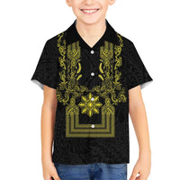 Philippines Barong Style Hawaiian Shirt with Polynesian Art and Leaf Motif Black-Gold Color